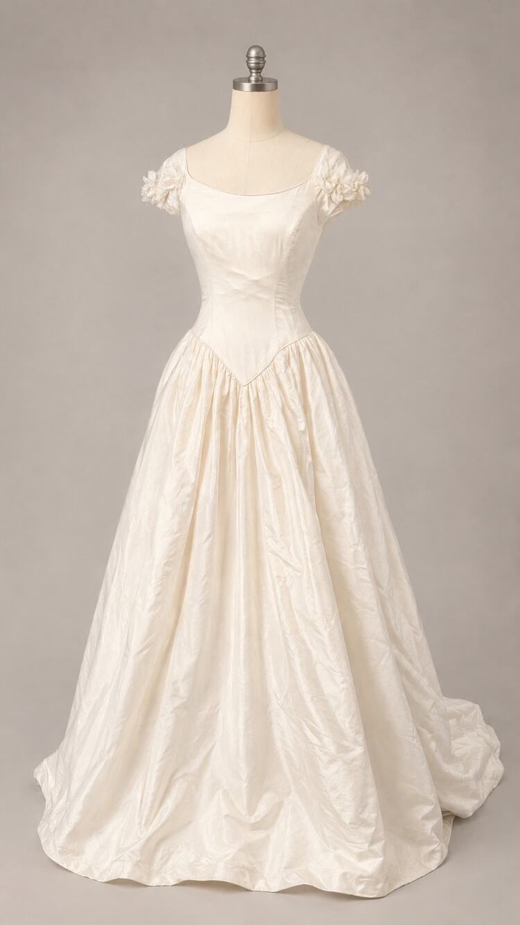 Vintage | Ivory Satin Ball Gown Wedding Dress Floral Appliqué Full Skirt -Size 6